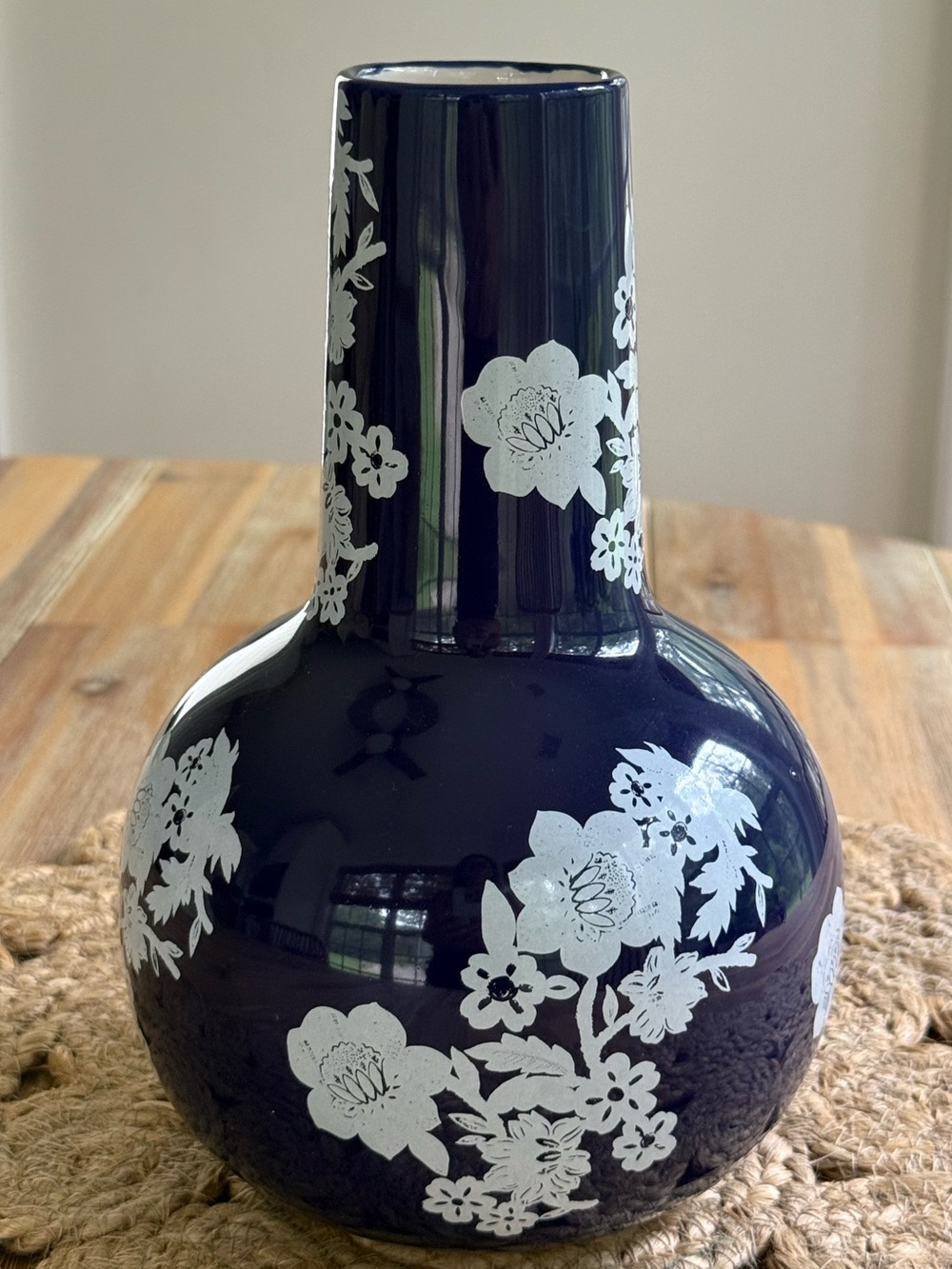 Avon Navy Blue Ceramic Vase with White Floral Design 8 1/2”